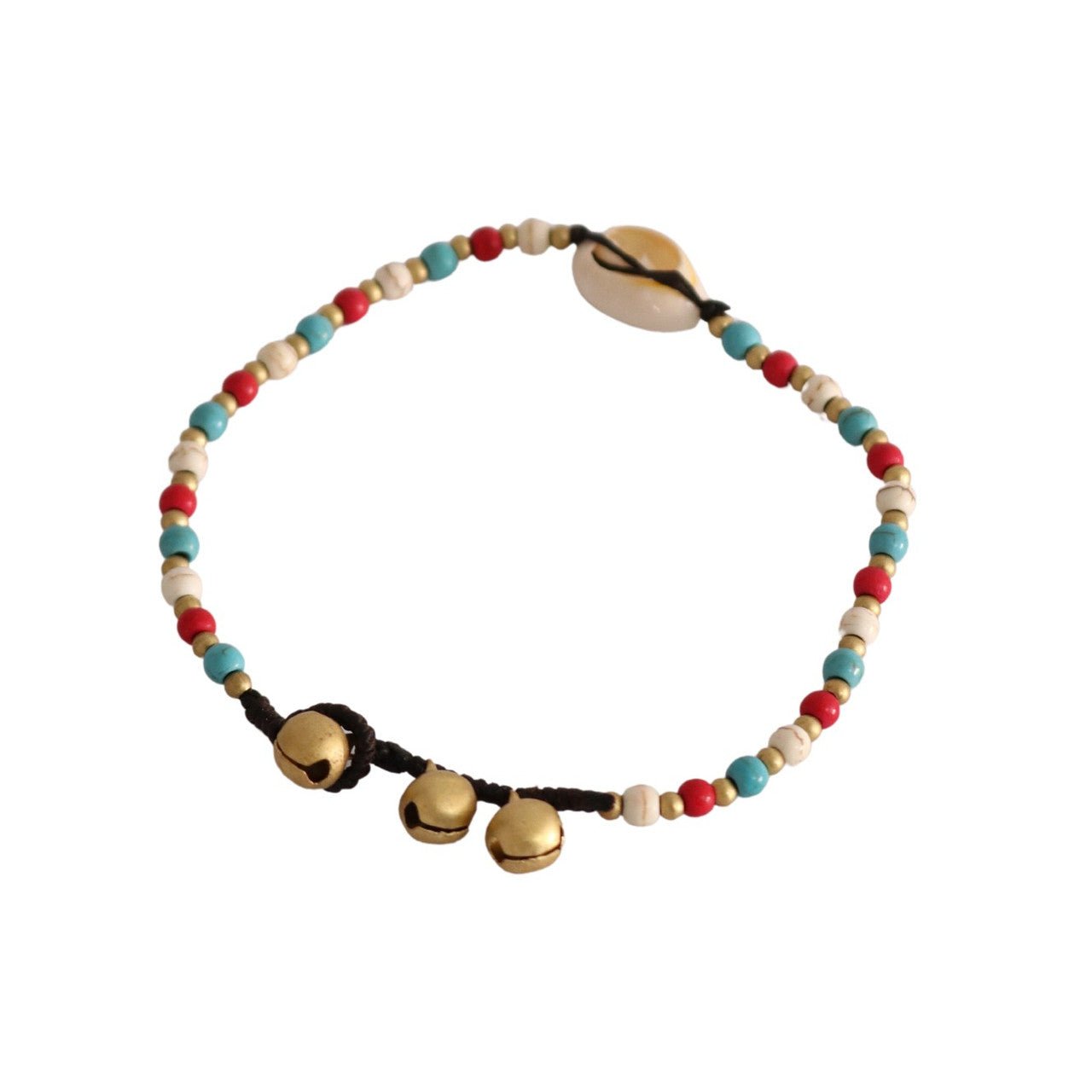 Anklet - Red Blue White Stones, Gold Beads, Shell - Future Decor