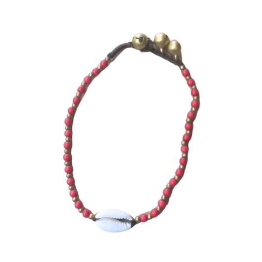 Anklet - White Shell. Red And Gold Beads - Future Decor