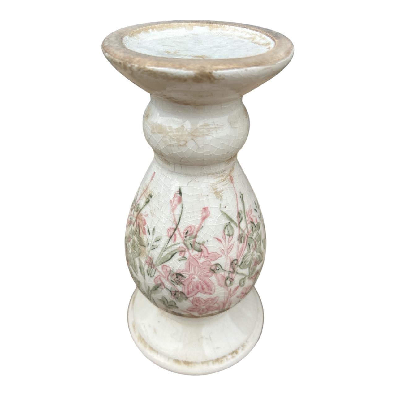 Ceramic Candle Holder - Pink And Green Floral Silhouettes - Future Decor