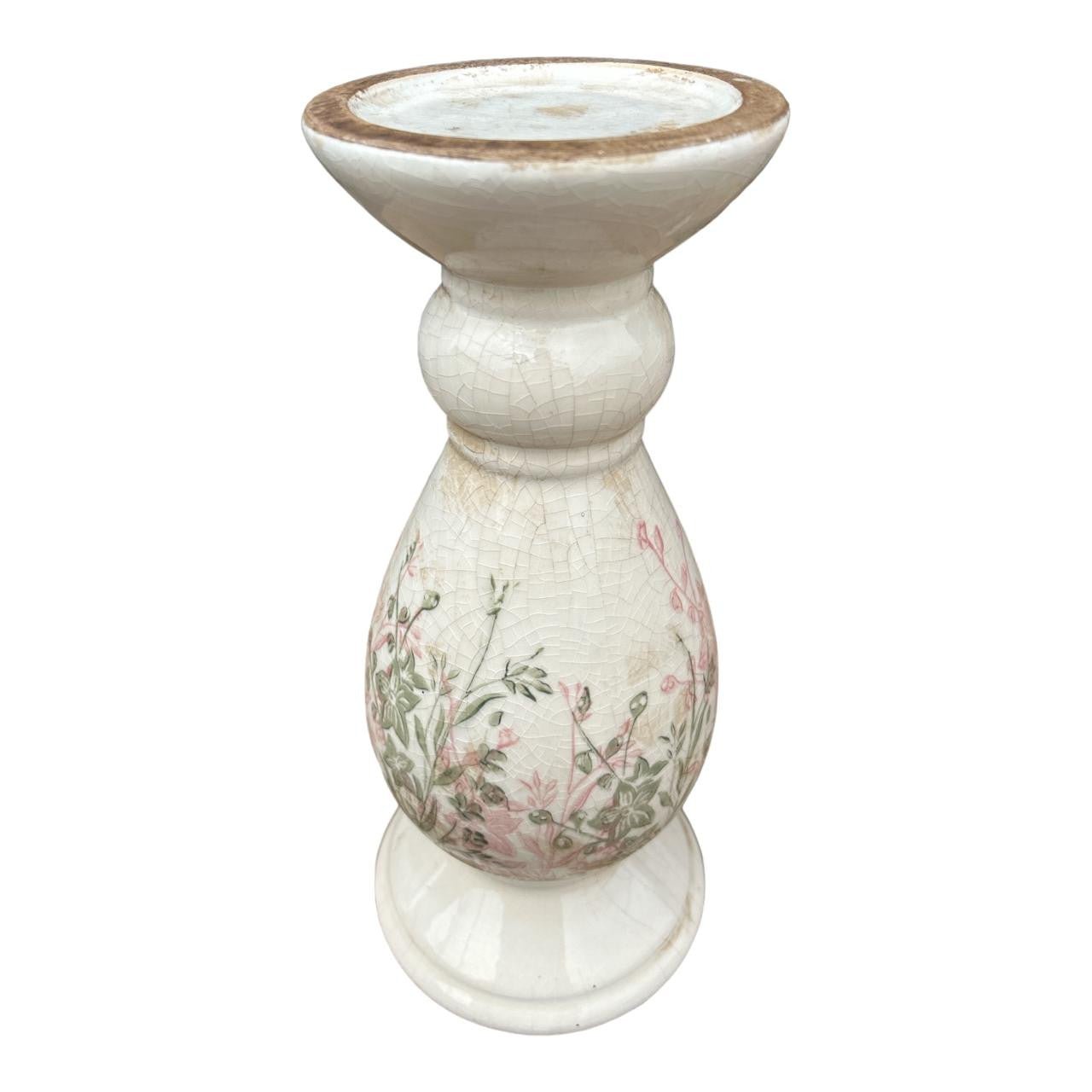 Ceramic Candle Holder - Pink And Green Floral Silhouettes - Future Decor