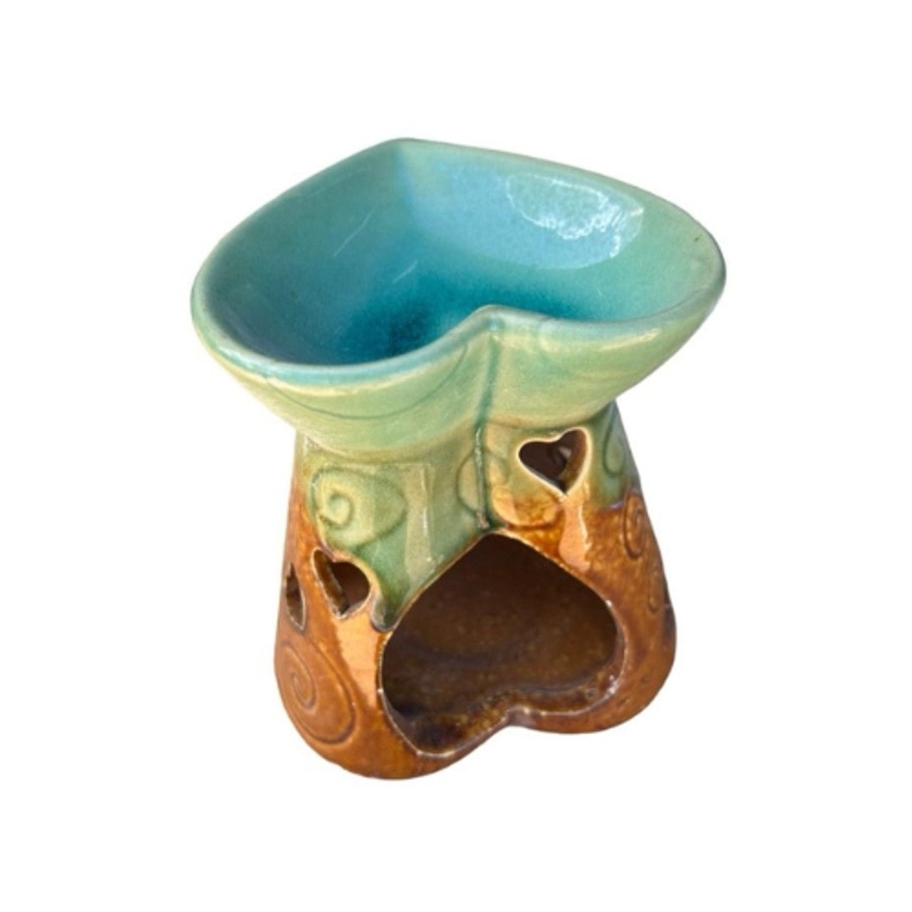 Ceramic Heart Oil Burner - Green And Brown - Future Decor