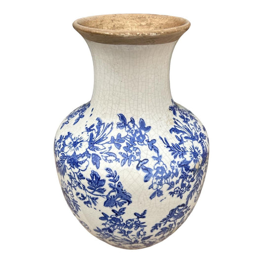 Ceramic Long Neck Vase - Blue Floral Silhouettes - Future Decor