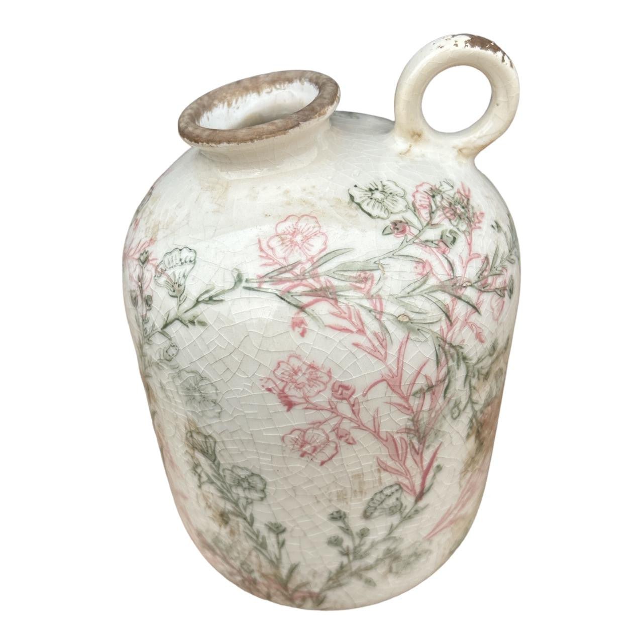 Ceramic One Ear Jug - Green And Pink Floral Outlines - Future Decor