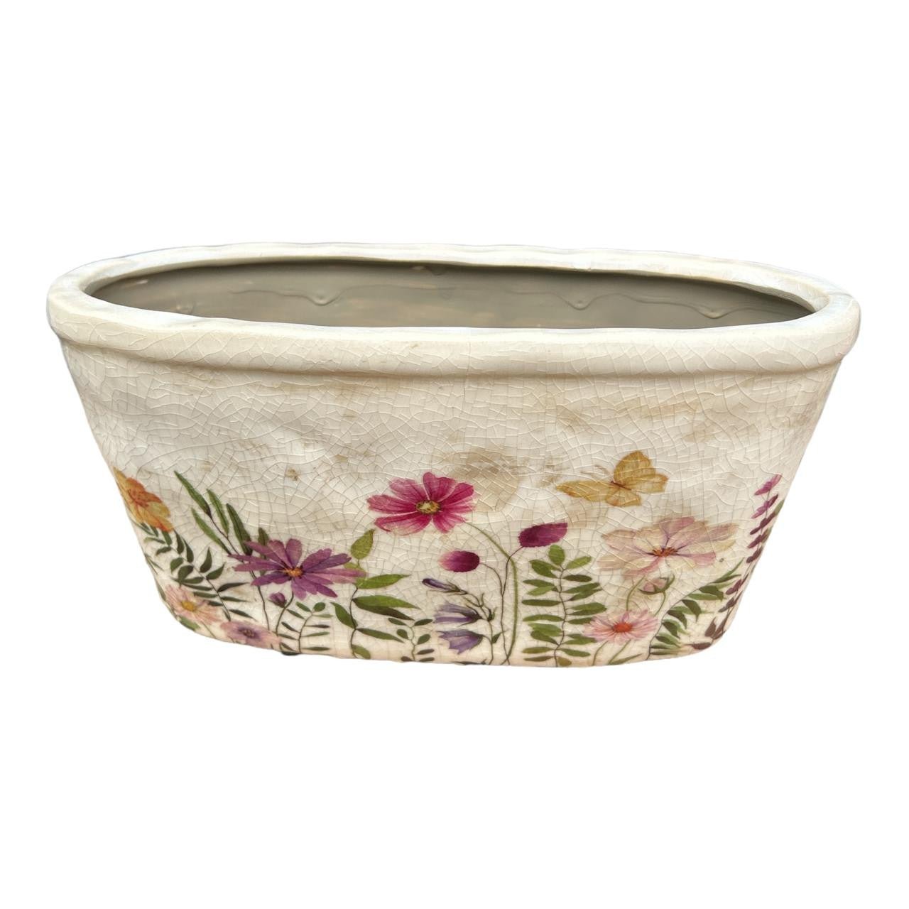 Ceramic Oval Pot Planter - Wildflowers And Butterfly - Future Decor