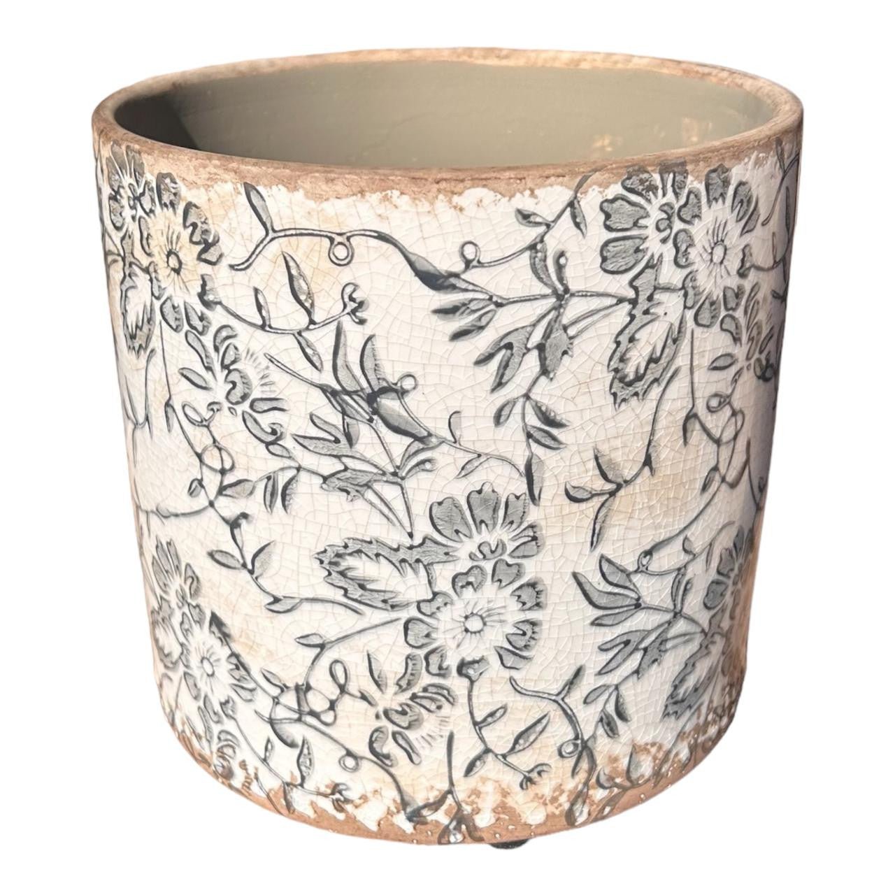 Ceramic Pot - Grey Flowers And Leaves - Future Decor