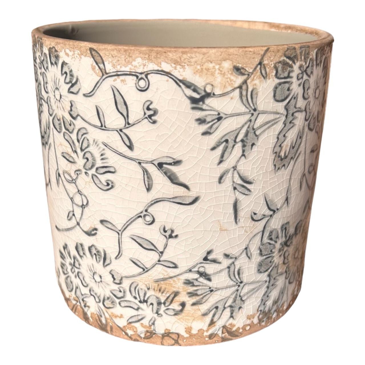 Ceramic Pot - Grey Flowers And Leaves - Future Decor