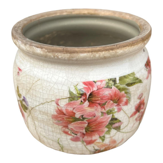 Ceramic Pot - Pink Lily Flower And Edelweiss - Future Decor