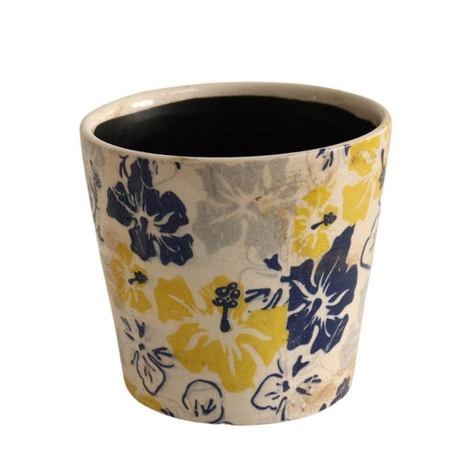 Ceramic Pot Planter - Yellow, Blue And Grey Flowers - Future Decor