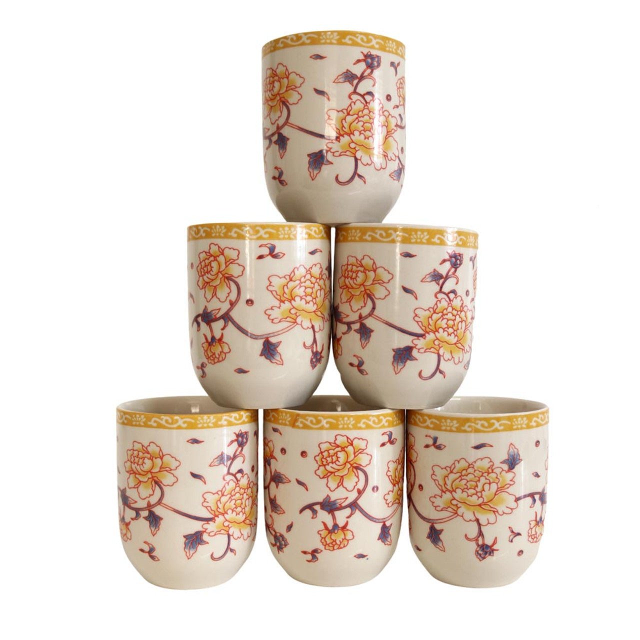 Ceramic Tea Cup Set of 6 - Red And Orange Flowers And Vines - Future Decor