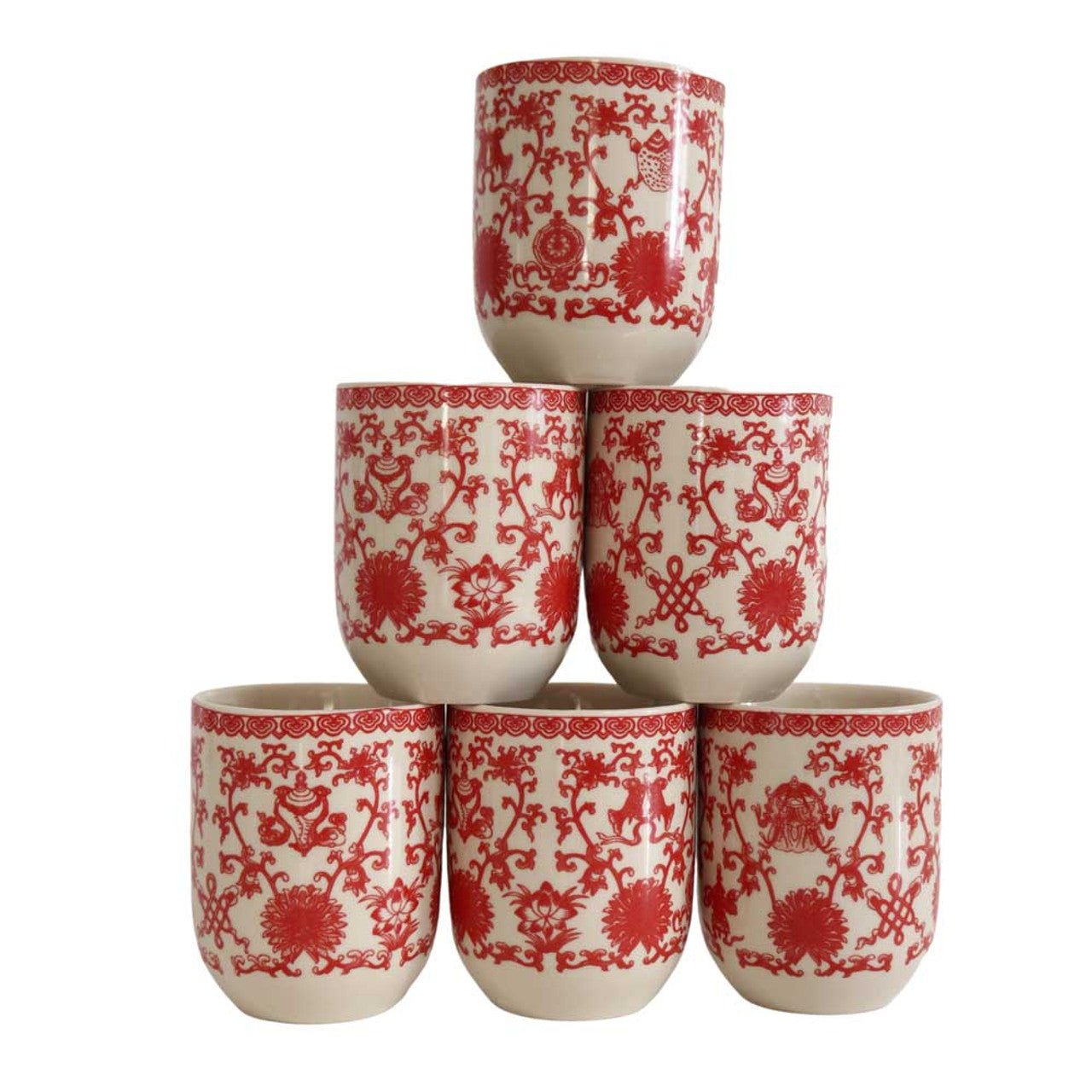 Ceramic Tea Cup Set of 6 - Small Red Flowers And Thin Vines - Future Decor