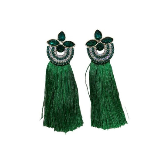 Drop Earring - Green Stones And Tassel Tail - Future Decor