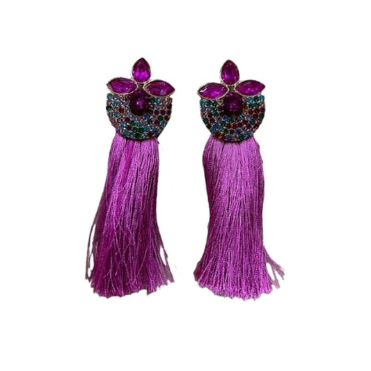 Drop Earring - Pink Stones And Tassel Tail - Future Decor