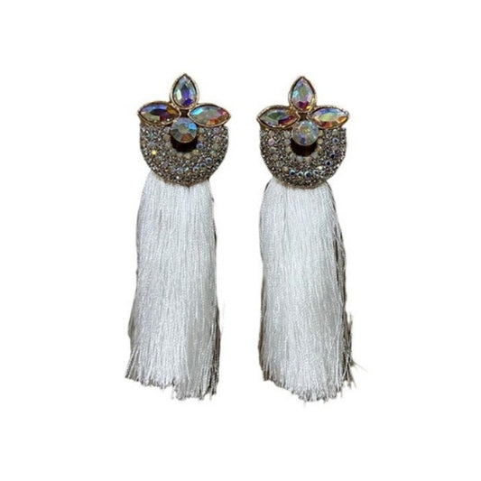 Drop Earring - White Stones And Tassel Tail - Future Decor