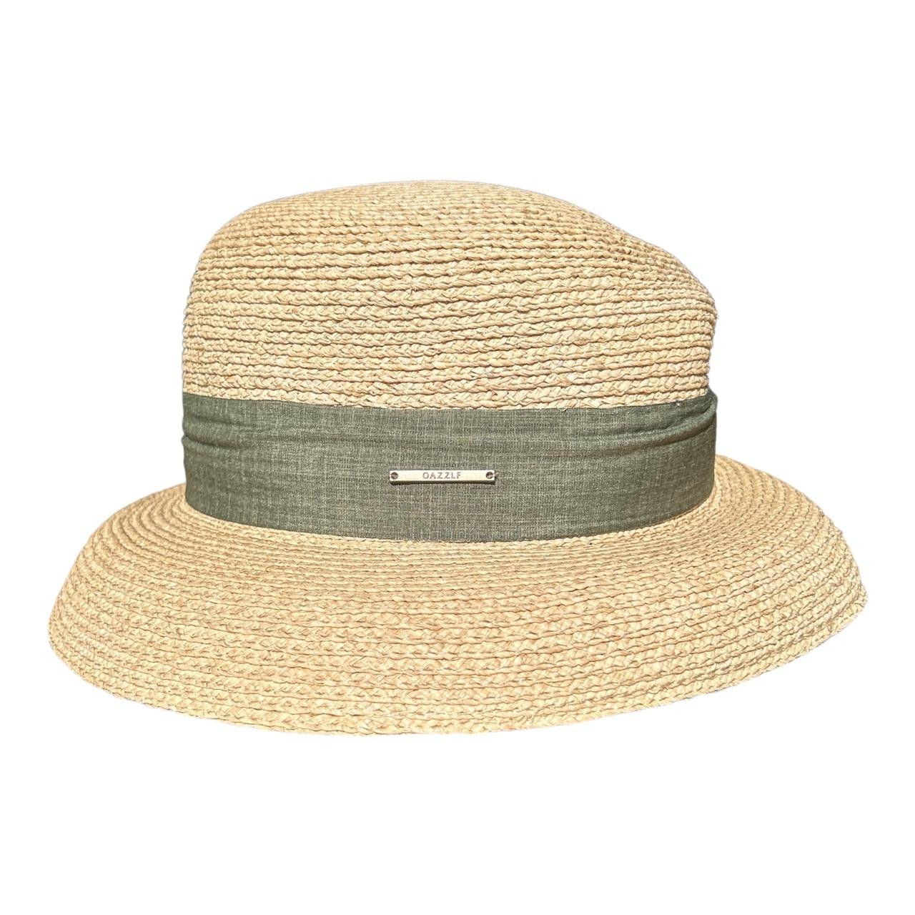 Fedora Hat - Beige, Green Material Band And Metal Plate - Future Decor