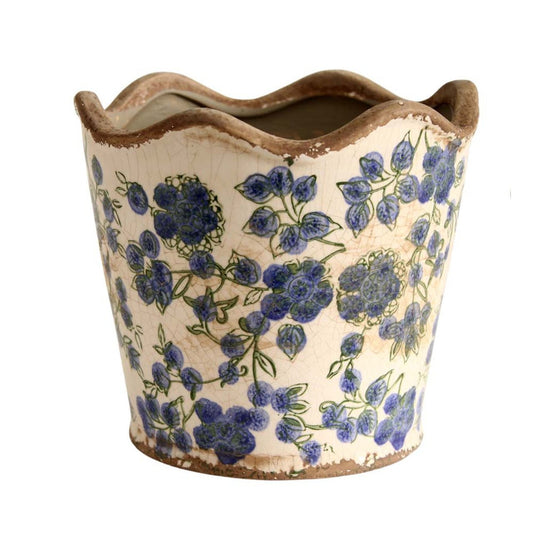 Medium Ceramic Planter - Blue Flowers And Green Leaves - Future Decor