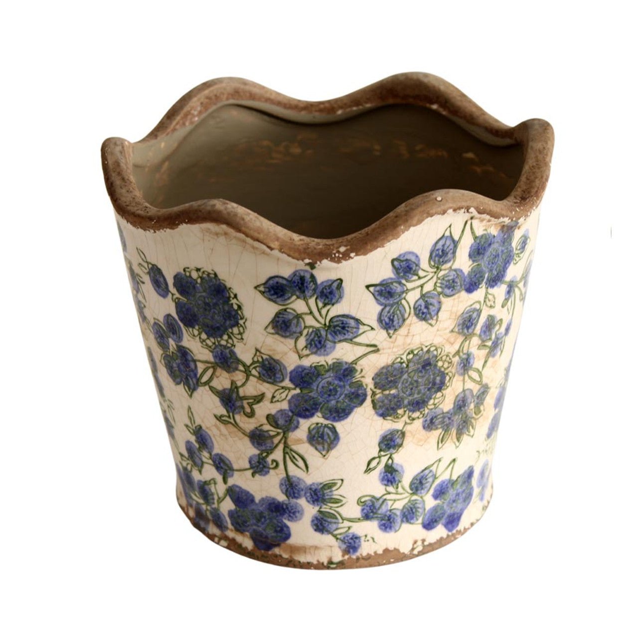 Medium Ceramic Planter - Blue Flowers And Green Leaves - Future Decor