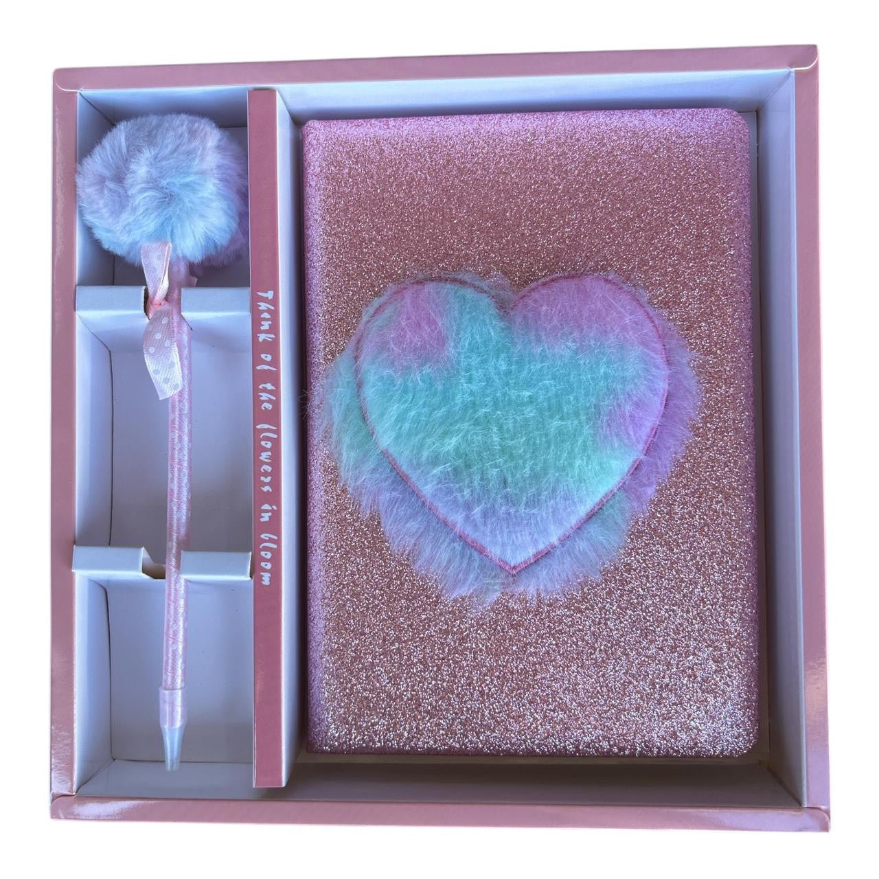 Notebook Gift Set - Pink Glitter And Pastel Rainbow Fluffy Heart - Future Decor