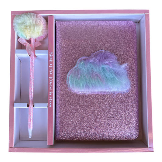 Notebook Gift Set - Pink Glitter And Soft Rainbow Fluffy Cloud - Future Decor