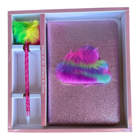 Notebook Gift Set - Pink Glitter And Vibrant Rainbow Fluffy Cloud - Future Decor