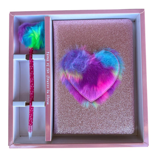 Notebook Gift Set - Pink Glitter And Vibrant Rainbow Fluffy Heart - Future Decor