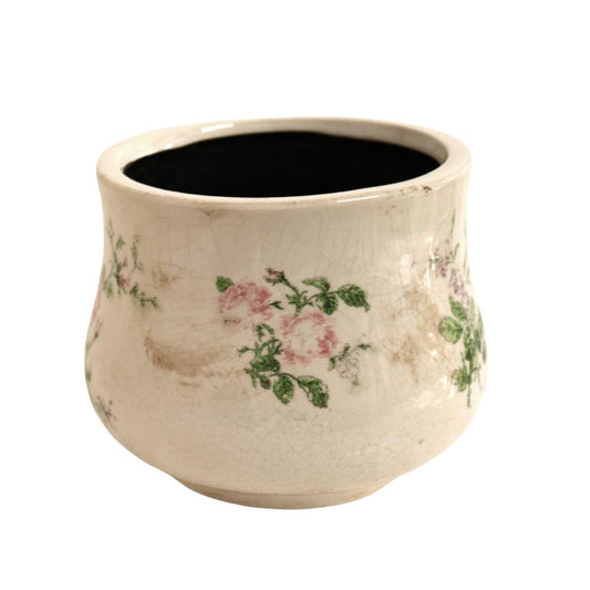 Off White Planter Pot - Pink Roses And Green Leaves - Future Decor