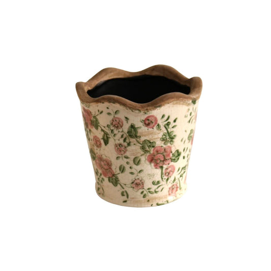 Off White Pot Planter - Pink Flowers And Green Leaves - Future Decor