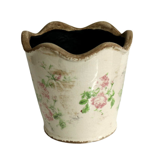 Off White Pot Planter - Pink Roses And Green Leaves - Future Decor