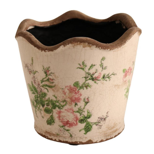 Off White Pot Planter - Pink Roses And Green Leaves - Future Decor