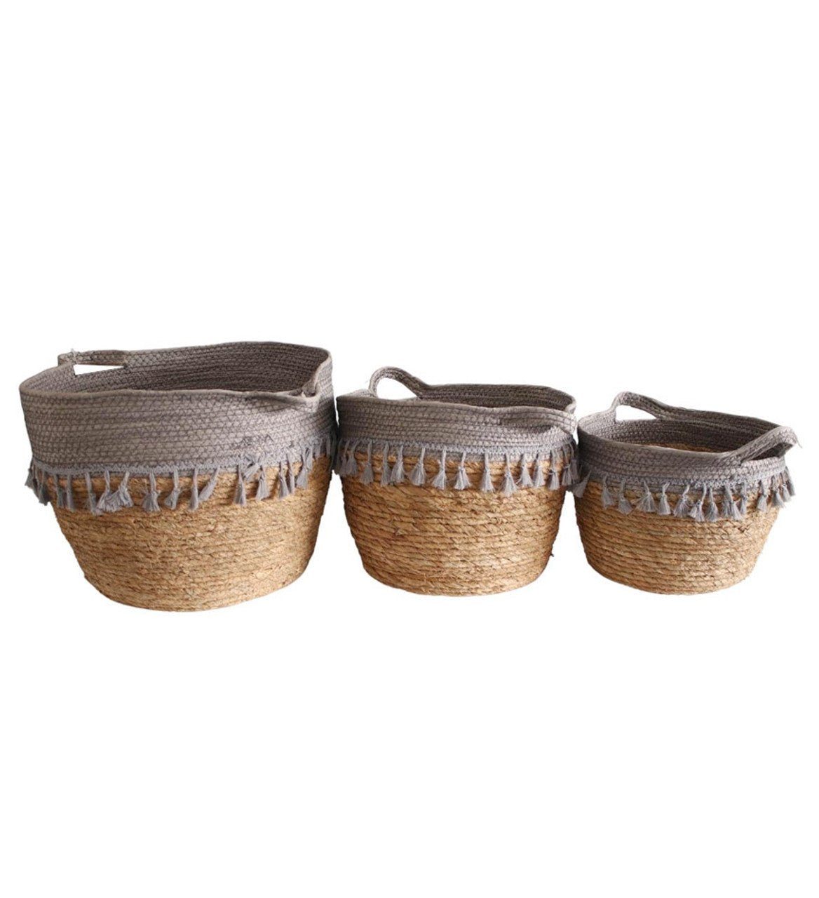 Set of 3 Weaved Baskets - Grey Top And Tassels - Future Decor