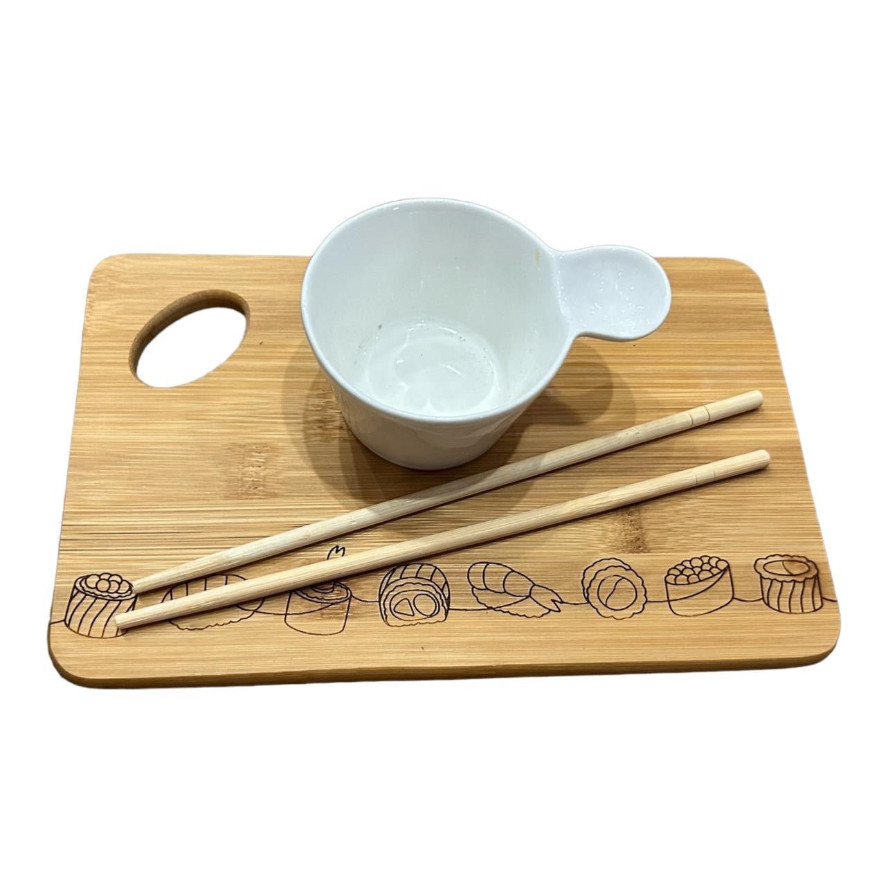 Small Bamboo Board, Chopsticks And Ceramic Bowl - Engraved Sushi - Future Decor