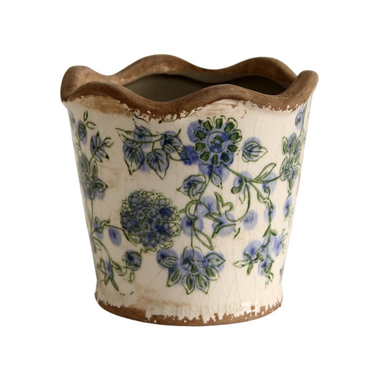 Small Ceramic Planter - Blue Flowers And Green Leaves - Future Decor