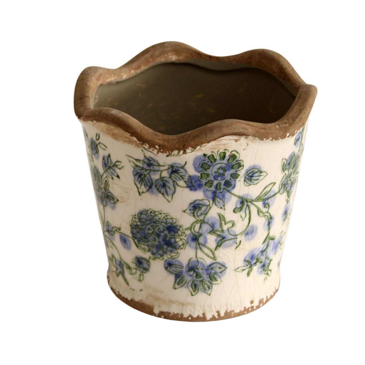 Small Ceramic Planter - Blue Flowers And Green Leaves - Future Decor