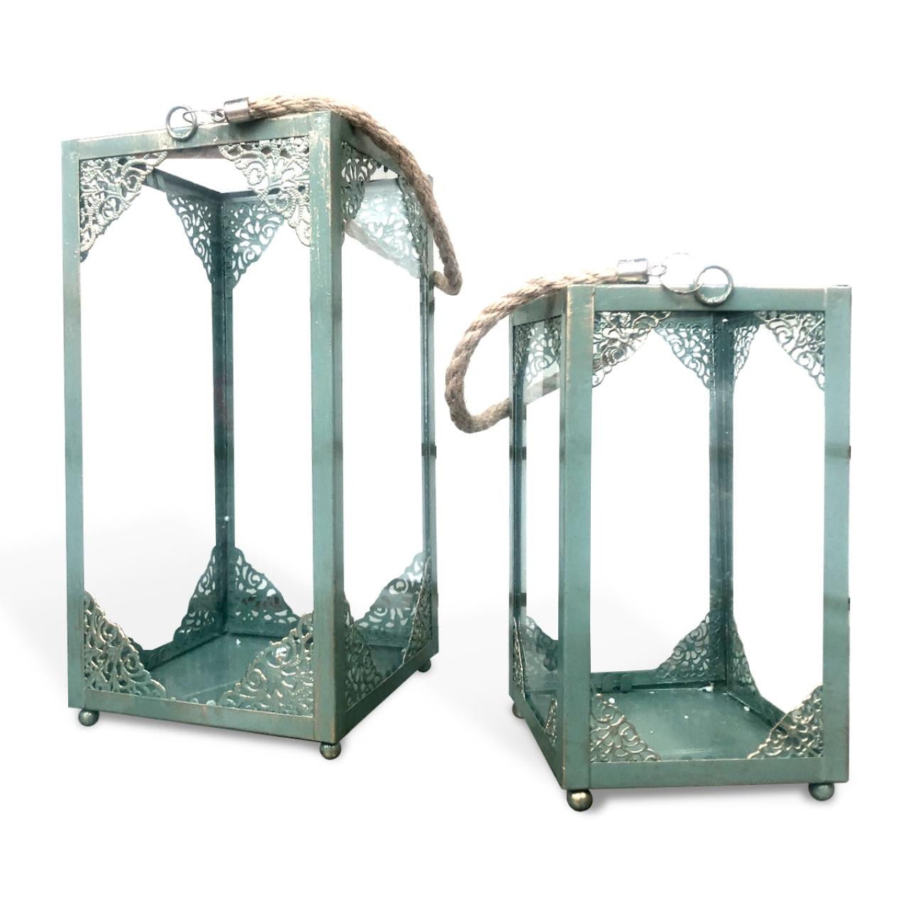 Storm Lanterns Set of 2 - Weathered Green, Frills Corner - Future Decor