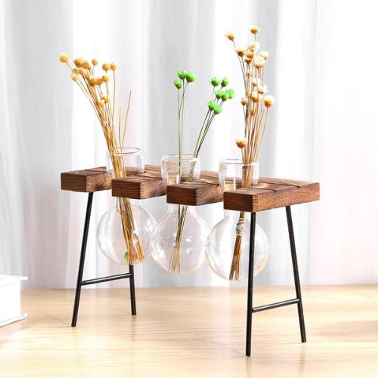 Three Glass Vases Wooden Stand - Future Decor