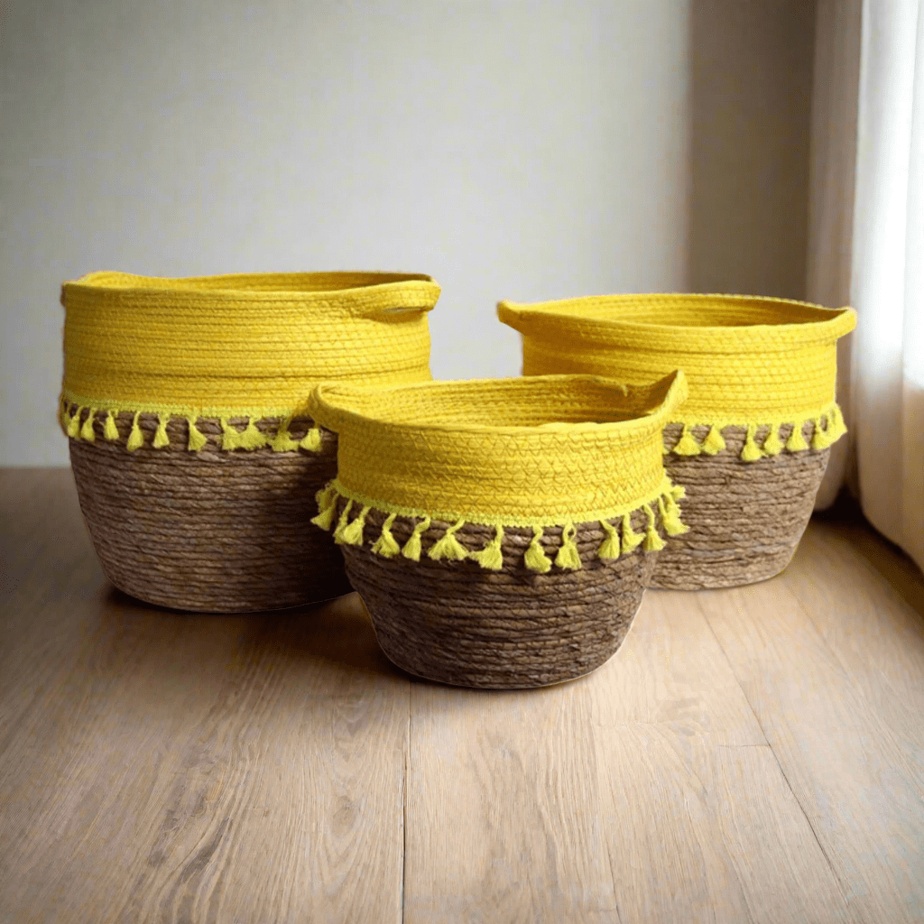 Weaved Baskets Set Of 3 - Bright Yellow Top - Future Decor