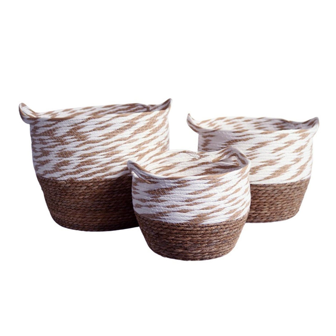 Weaved Baskets Set Of 3 - Brown And White Mix Top - Future Decor