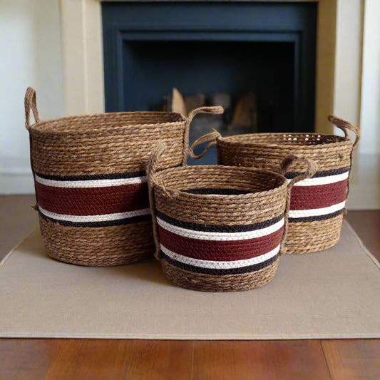 Weaved Baskets Set Of 3 - Thick Deep Red Stripe Black And White Stripes - Future Decor